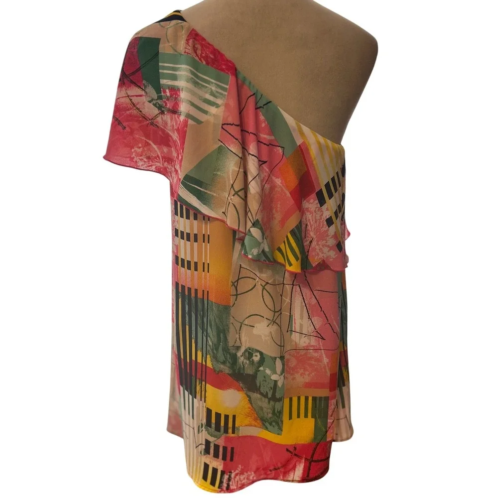 C Christian Los Angeles One Shoulder Multicolor Abstract Ruffle Dress Beach SZ S